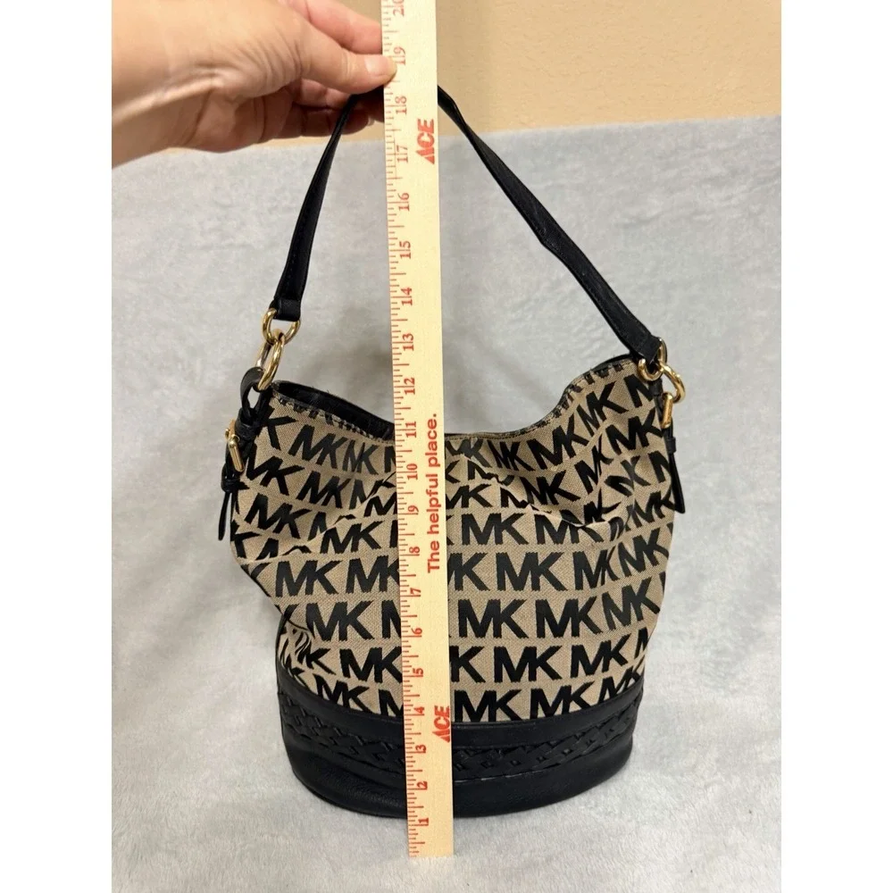 Michael Kors Bucket Bag Beige Black MK Logo Messanger Canvas Purse shoulder
